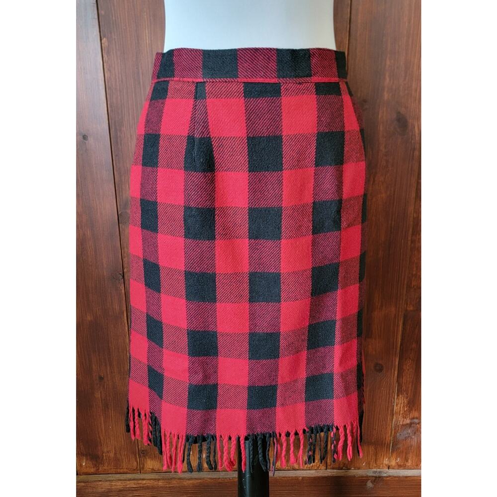 Vintage Savion Women 6P Buffalo Plaid Fringe Skirt Red Black Checkered Wool Chic
